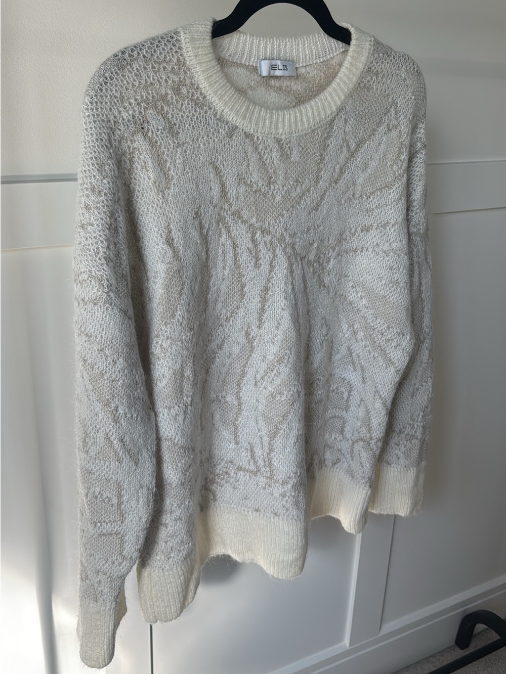 Mohair & Wool Blend Cream Crewneck Sweater with Subtle Pattern